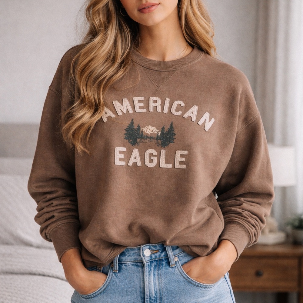American Eagle Sweatshirt Brown Mountain Outdoor Crewneck Pullover Women's Sz Sm